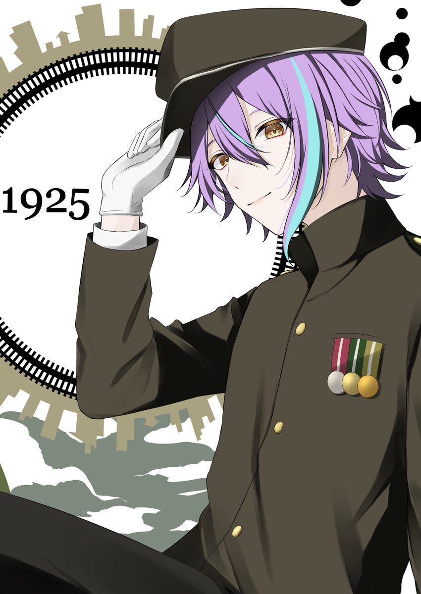 1boy male focus purple hair gears hat gloves streaked hair  illustration images