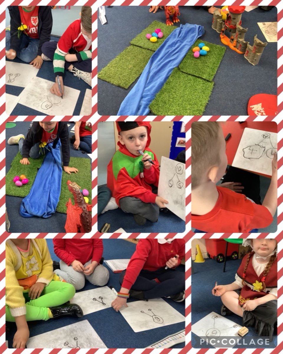 2SWWCPS's tweet image. The mighty Welsh dragon laid some eggs, some by the castle and some by the river. How many are in each place? 
To understand half of a number, we shared the eggs into equal piles and recorded half in a whole part model.
@WoodlandsPrima1 
#practicalmaths
#welshweek