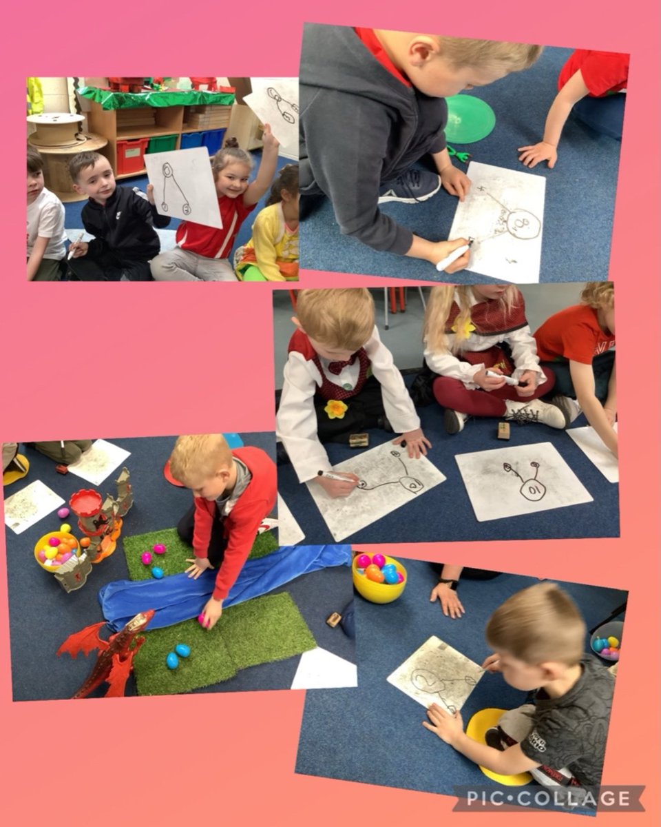 2SWWCPS's tweet image. The mighty Welsh dragon laid some eggs, some by the castle and some by the river. How many are in each place? 
To understand half of a number, we shared the eggs into equal piles and recorded half in a whole part model.
@WoodlandsPrima1 
#practicalmaths
#welshweek