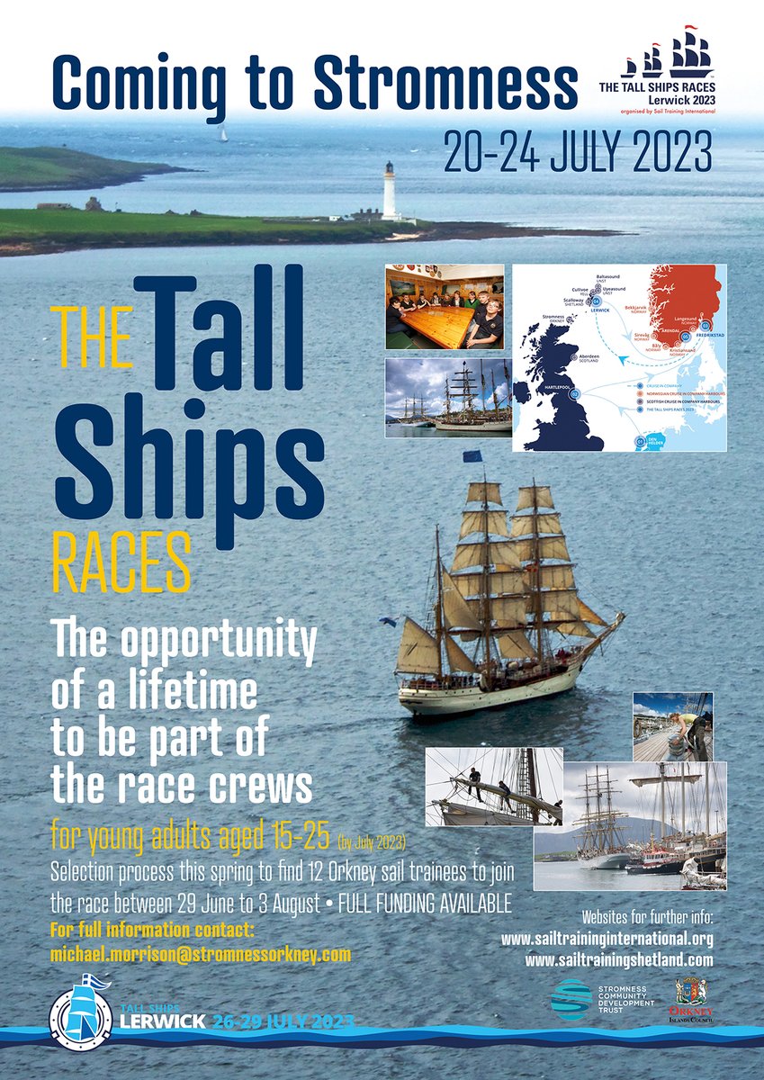 ⛵️ Are you interested in joining a race crew for the Tall Ships race?

To find out more get in touch with Michael Morrison - michael.morrison@stromnessorkney.com before Sunday the 5th of March

#Orkney #thetallshipsraces #tallshipslerwick #lerwick2023 #tsr2023