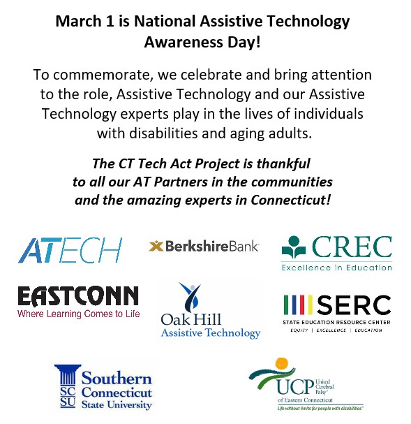 CT Tech Act Project (@cttechact) on Twitter photo Today is National #ATAwarenessDay! We celebrate the role AT & our AT experts play in the lives of people with disabilities & aging adults. CTTAP is thankful to all our AT Partners in CT! <a href="/CREC_ATech/">CREC Assistive Tech</a> <a href="/atechct/">ATECH</a> <a href="/BerkshireBank/">Berkshire Bank</a> <a href="/eastconn/">EASTCONN</a> <a href="/NEATCenter/">NEAT Center</a> <a href="/ctserc/">CT SERC</a> <a href="/SCSU/">Southern Connecticut State University 🦉</a> <a href="/UCPofECT/">UCP of Eastern CT</a> Today is National #ATAwarenessDay! We celebrate the role AT & our AT experts play in the lives of people with disabilities & aging adults. CTTAP is thankful to all our AT Partners in CT! <a href="/CREC_ATech/">CREC Assistive Tech</a> <a href="/atechct/">ATECH</a> <a href="/BerkshireBank/">Berkshire Bank</a> <a href="/eastconn/">EASTCONN</a> <a href="/NEATCenter/">NEAT Center</a> <a href="/ctserc/">CT SERC</a> <a href="/SCSU/">Southern Connecticut State University 🦉</a> <a href="/UCPofECT/">UCP of Eastern CT</a>