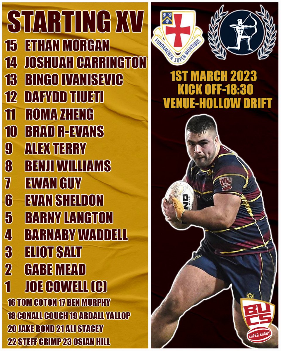 Team News 🗞 

Here’s how we lineup for our <a href="/BUCSSuperRugby/">BUCS Super Rugby</a> fixture with Durham 🏹
