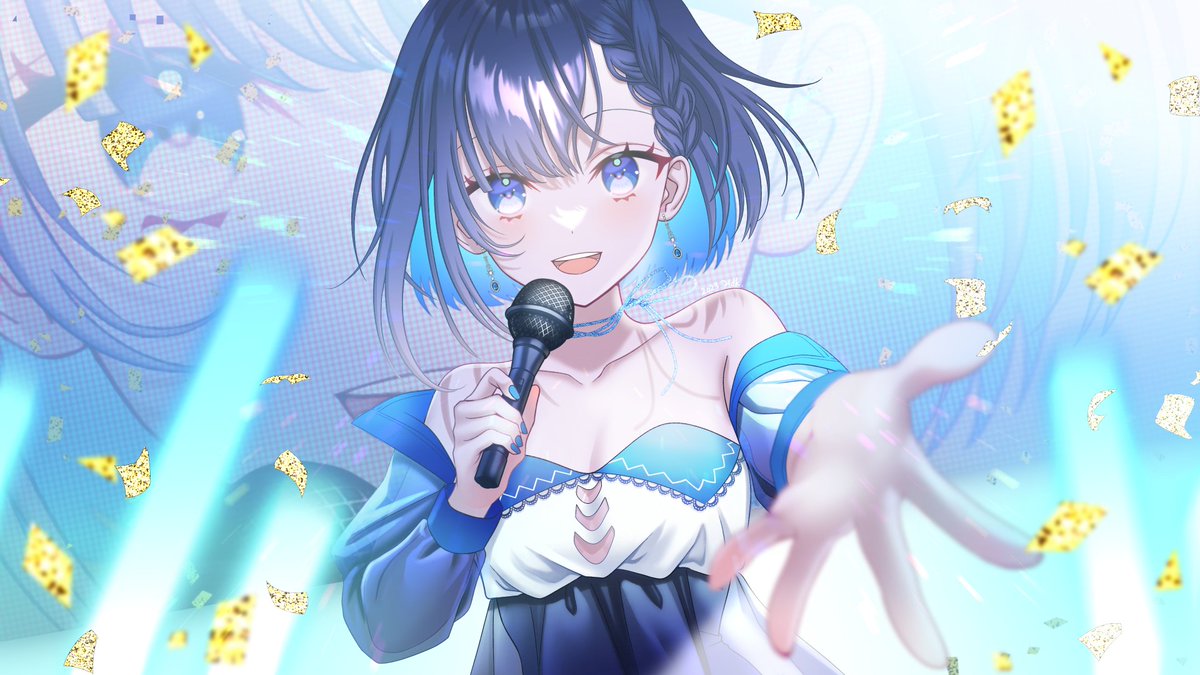 1girl blue eyes microphone blue hair holding microphone holding solo  illustration images