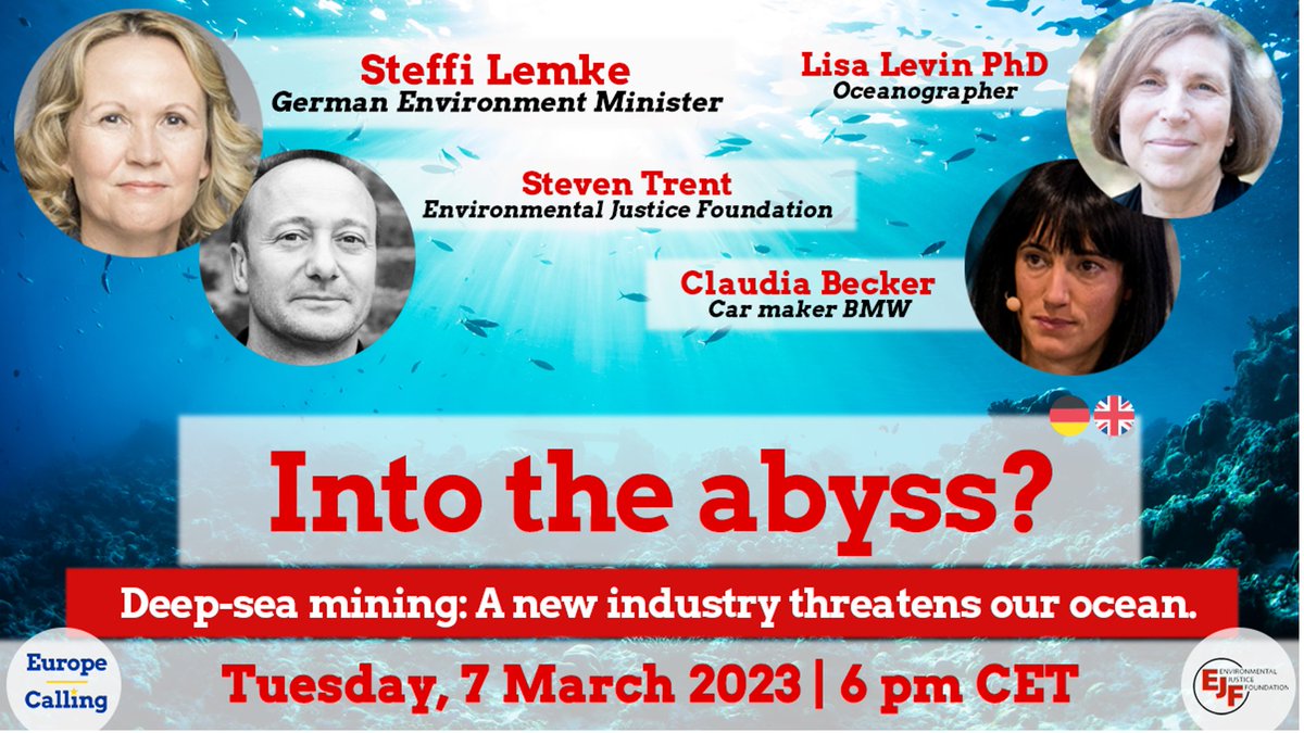 WEBINAR: ⚠️ #DeepSeaMining poses an existential threat to our ocean.

Join our expert panellists @SteffiLemke, <a href="/steventrent/">Steve Trent</a>, <a href="/LlevinAnn/">Lisa Ann Levin</a> &amp; Claudia Becker to hear why we need to act now to stop mining &amp; protect the seabed.

📅 7th March, 6pm CET

Register 👇eu01web.zoom.us/webinar/regist…