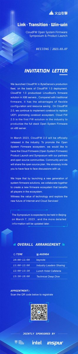 nablahero's tweet image. I will be at @BytedanceTalk 's Cloud FW Event on March 7, 2023 (next week Tuesday!) representing the @osfw_foundation . If you are, by any chance in and or around Beijing at that time - please drop by and we can have a chat!
@coreboot_org @LinuxBootOrg