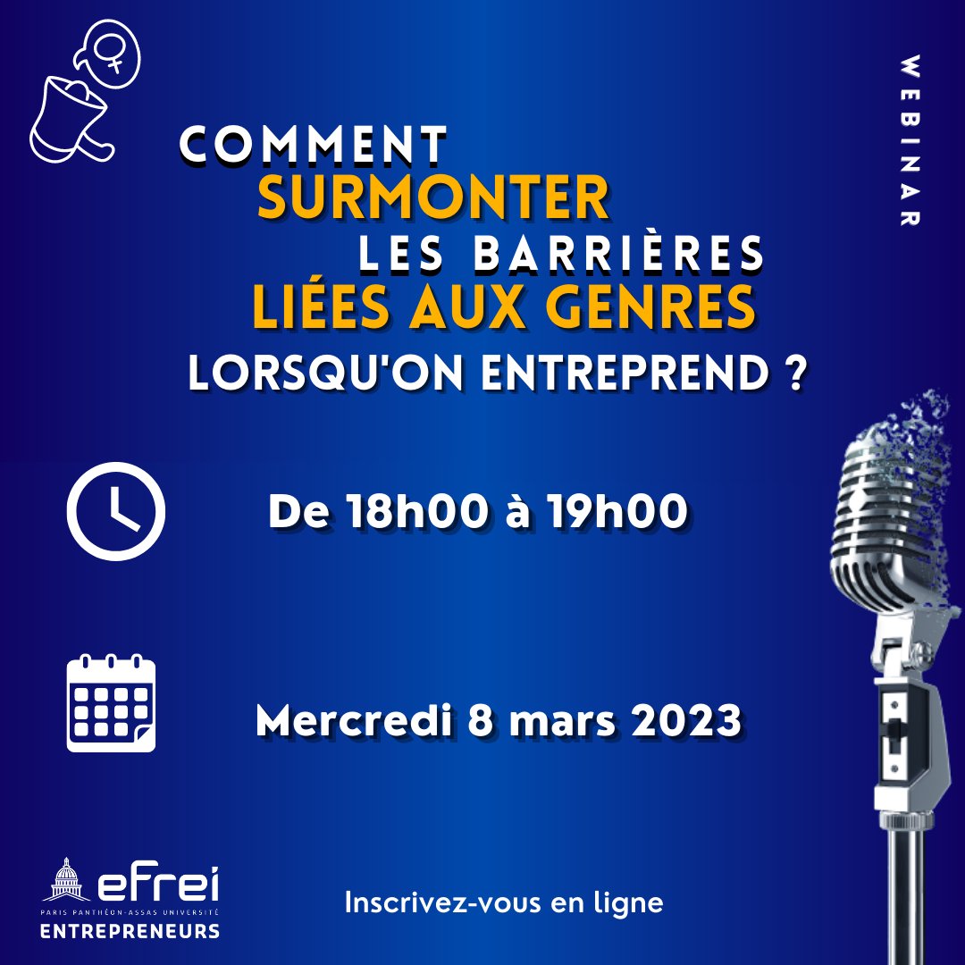 [ Webinar ]
Retrouvez nous pour un webinar sur le thème de l'entrepreneuriat au féminin ! 🚀
Comment surmonter les barrières liées aux genres lorsqu'on entreprend ? 🤔

📅 Le 8 mars 2023
⌛ De 18h00 à 19h00

Lien d'inscription : 👇
eventbrite.fr/e/billets-comm…