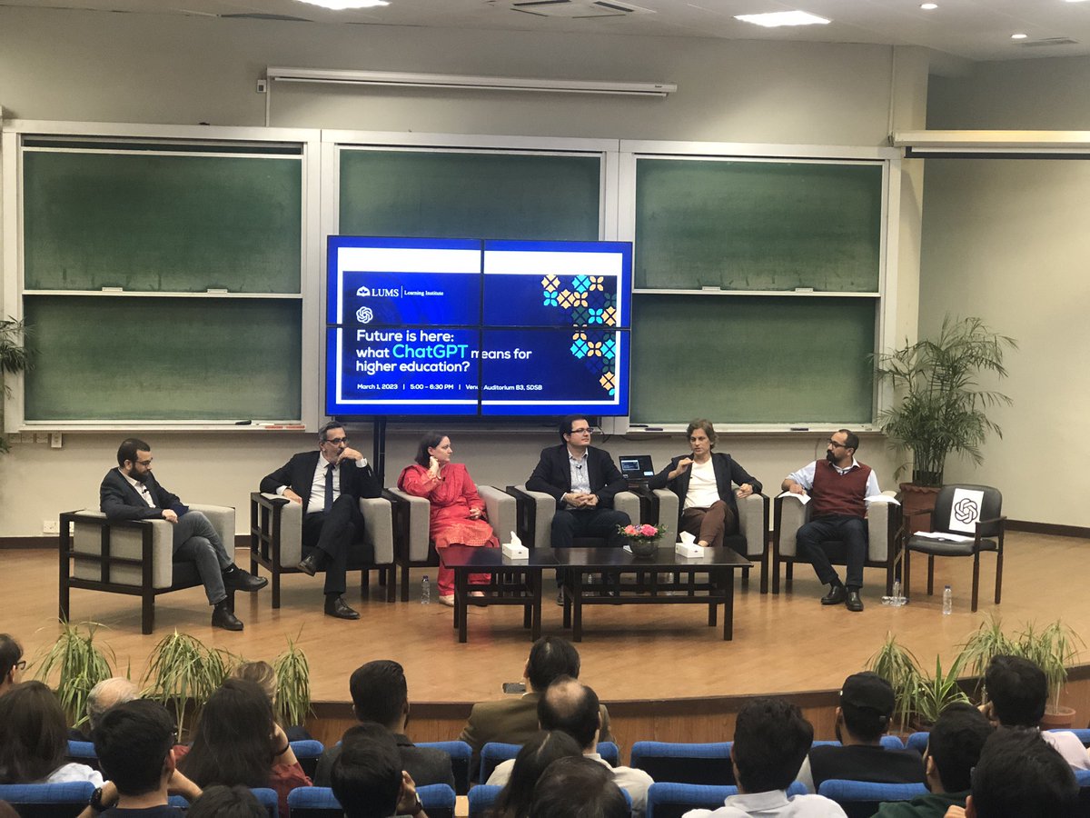 lli_lums's tweet photo. Panel Discussion: ChatGPT in Higher Ed hosted by LLI. Moderated by Dr. Hamad Alizai (@hamadalizai) 

Panelists: Dr. Arshad Ahmad (@VCofLUMS), Dr. Jessica Albrent, Dr. Ihsan Ayub Qazi (@ihsanqazi), Mr. Yasser Bashir (@yasserbashir) and Dr. Nauman Faizi

Special Panelist: @GPTchats https://t.co/yZbsmQPAXH