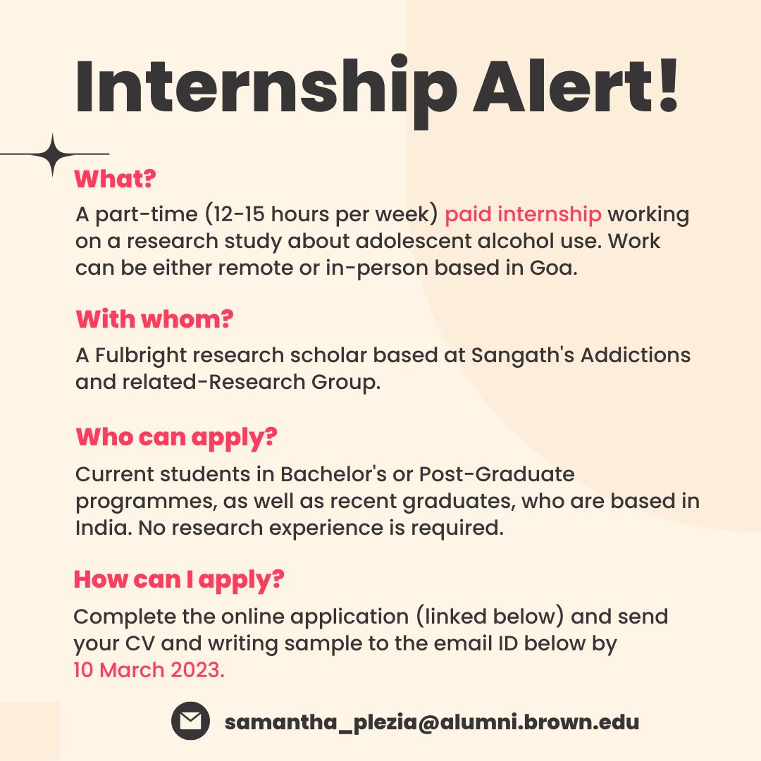 Sammy Plezia (@sammy_plezia) on Twitter photo Are you a current college student or recent graduate based in India who wants to gain mental health research skills during a paid, part-time internship?? Please consider applying to be an intern on my study conducted in collab w/ <a href="/SangathARG/">Addictions and related-Research Group</a>! more info in the thread below :)) Are you a current college student or recent graduate based in India who wants to gain mental health research skills during a paid, part-time internship?? Please consider applying to be an intern on my study conducted in collab w/ <a href="/SangathARG/">Addictions and related-Research Group</a>! more info in the thread below :))