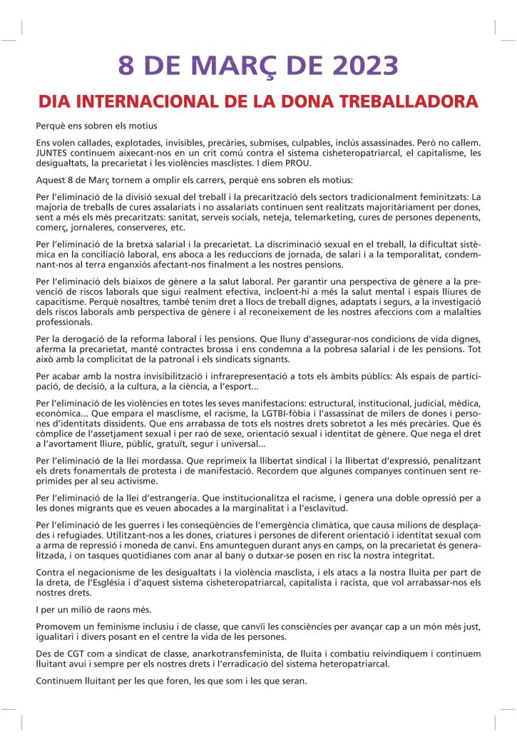 #8m: perquè ens sobren els motius! 
<a href="/Cgt/">CGT</a> a #barcelona ocuparem, una vegada més, els carrers de la ciutat.
Punt trobada CGT Barcelona per a la manifestació: 
⏰18.00h 
📍C/Aribau cantonada amb Plaça Universitat.
Continuem lluitant per les que foren, les que som i les que seran.