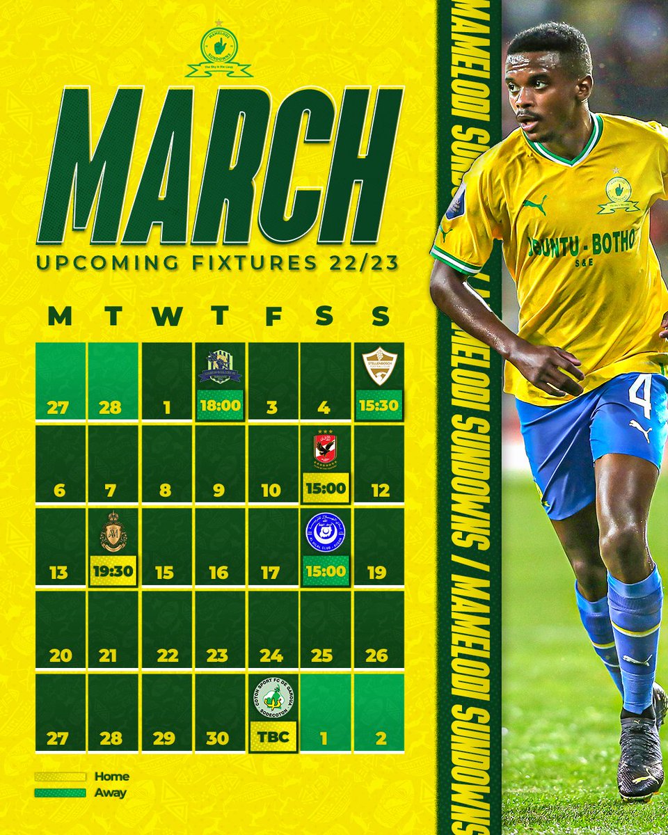 Masandawana's tweet photo. A look ahead at the busy month of March with league, cup &amp; continental action on the horizon!🏆

Masandawana, which fixture will you be attending at the stadium? Comment below 👇

#Sundowns https://t.co/xntsX0T21j