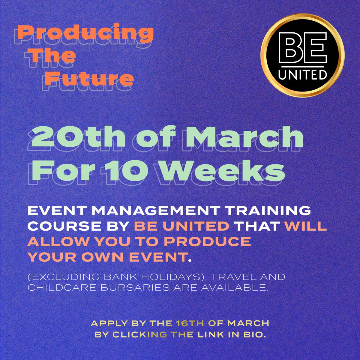 beunitedworld's tweet photo. If you are aged 18-25 and interested in event production, join our free ‘Producing the Future’ programme and produce your own event with BE United at @fruitmarket . 
This course will include workshops and exclusive talks with experts from the events industry. Link in our Bio! https://t.co/052vpVk2Lb
