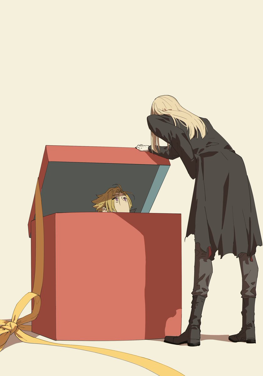 long hair blonde hair box 2boys multiple boys male focus ribbon  illustration images