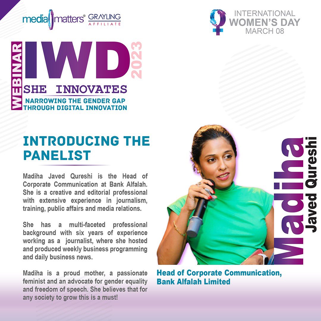 #MeetOurPanelists: Introducing Madiha Javed Qureshi, Head of Corporate Communication at Bank Alfalah. Madiha is an accomplished professional with a wealth of knowledge to share on women's empowerment in the workplace. #DigitALL #SheInnovates #IWD2023 #womenempowerment