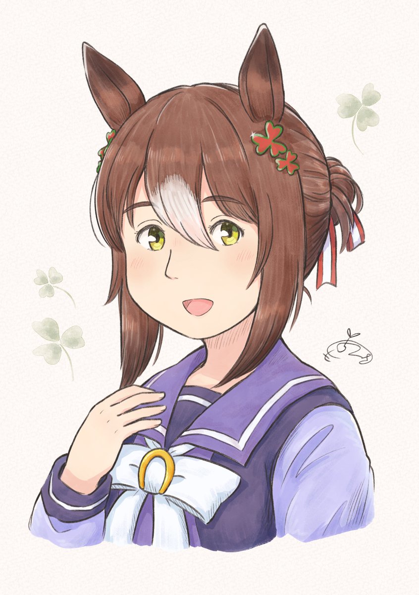 fine motion (umamusume) 1girl clover hair ornament solo animal ears brown hair horse ears school uniform  illustration images