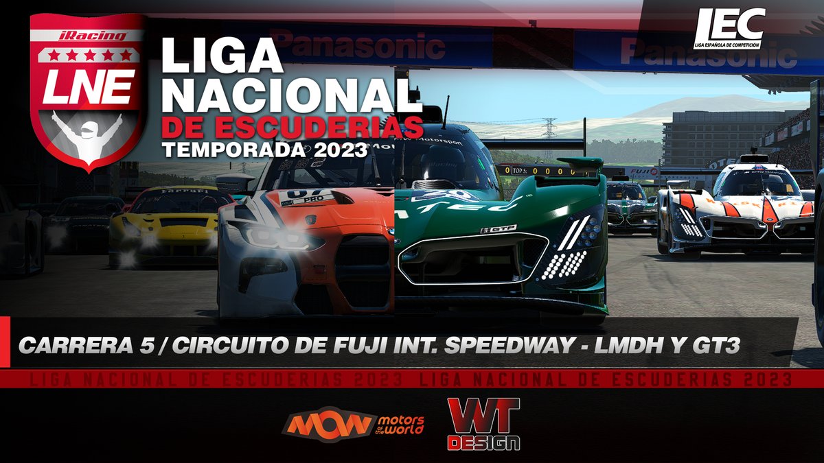 🔴#iRacing

🏆Liga Nacional de Escuderías 2023 #LNE

🏁Carrera 5 - Circuito de Fuji Int. Speedway

🏎️Categoría LMDH y GT3

⏰20:20h en directo

📺Sigue la retransmisión aquí
twitch.tv/lecesports

❤️#lecesports <a href="/MotorsWorld/">mow.club</a> <a href="/wearteamdesign/">wear_team_design</a> #simracing #esports