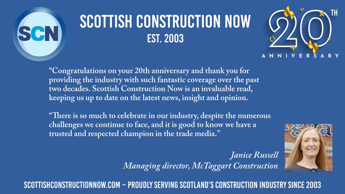 Scottish Construction Now (@scoconstructnow) on Twitter photo Thanks to Janice Russell from <a href="/McTaggartGroup/">McTaggart Construction</a> for our first testimonial on our 20th anniversary. Thanks to Janice Russell from <a href="/McTaggartGroup/">McTaggart Construction</a> for our first testimonial on our 20th anniversary.