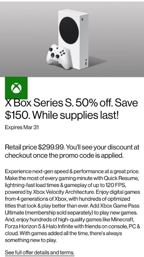 BOMB A Xbox Series S 50 off 149.99 for Verizon Wireless