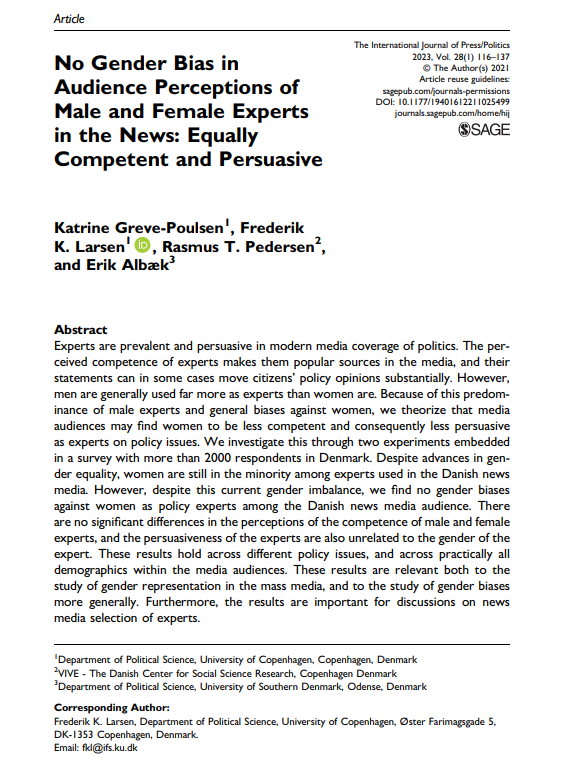 Frederik Kjøller (@fkjoellerlarsen) on Twitter photo My paper in International Journal of Press/Politics with
@Katrine_Greve, <a href="/rtpedersen/">Rasmus T Pedersen (@rtpedersen.bsky.social)</a> & Erik Albæk has been selected for the journal's Women's Month Collection and is therefore freely available in March🔓 journals.sagepub.com/doi/full/10.11… My paper in International Journal of Press/Politics with
@Katrine_Greve, <a href="/rtpedersen/">Rasmus T Pedersen (@rtpedersen.bsky.social)</a> & Erik Albæk has been selected for the journal's Women's Month Collection and is therefore freely available in March🔓 journals.sagepub.com/doi/full/10.11…