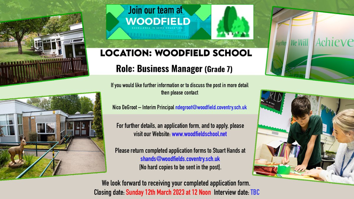 1woodfield1's tweet photo. Fantastic Job opportunity to Join Woodfield School as our Business Manager. If you know someone that might suit this role please share it with them. #jobopening #JobVacancy #workinschools #businessmanager https://t.co/cQK7cMRw28