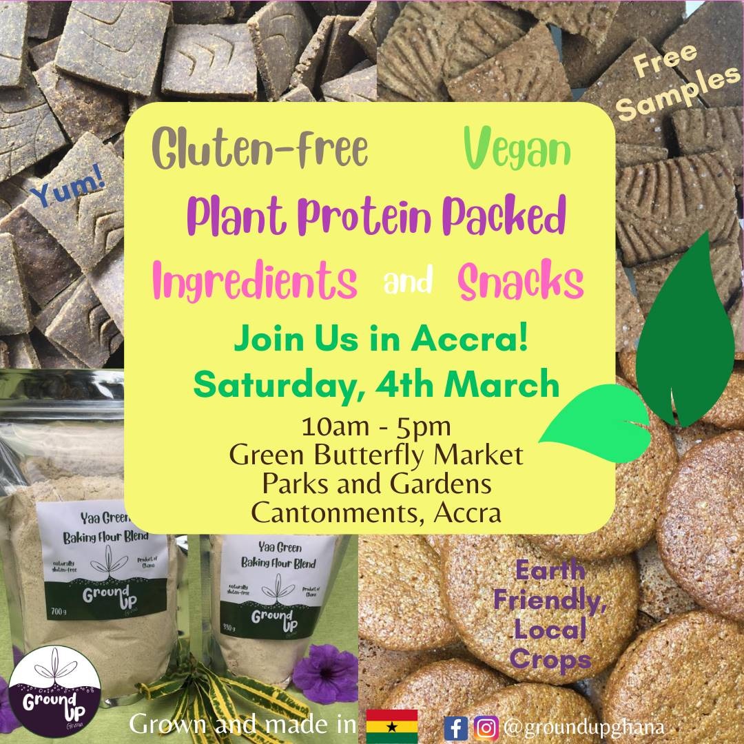 Taste our products in Accra this weekend, 4 Mar!😋🍪
#Vegan #GlutenFree #SoyFree #Millet #BambaraBeans #ForPeopleForPlanet #ResponsibleConsumption #ClimateAction #Biodiversity #ImportDetox #PlantProtein #IYM2023 #LovePulses #Accra #MadeInGhana #GreenButterflyMarket