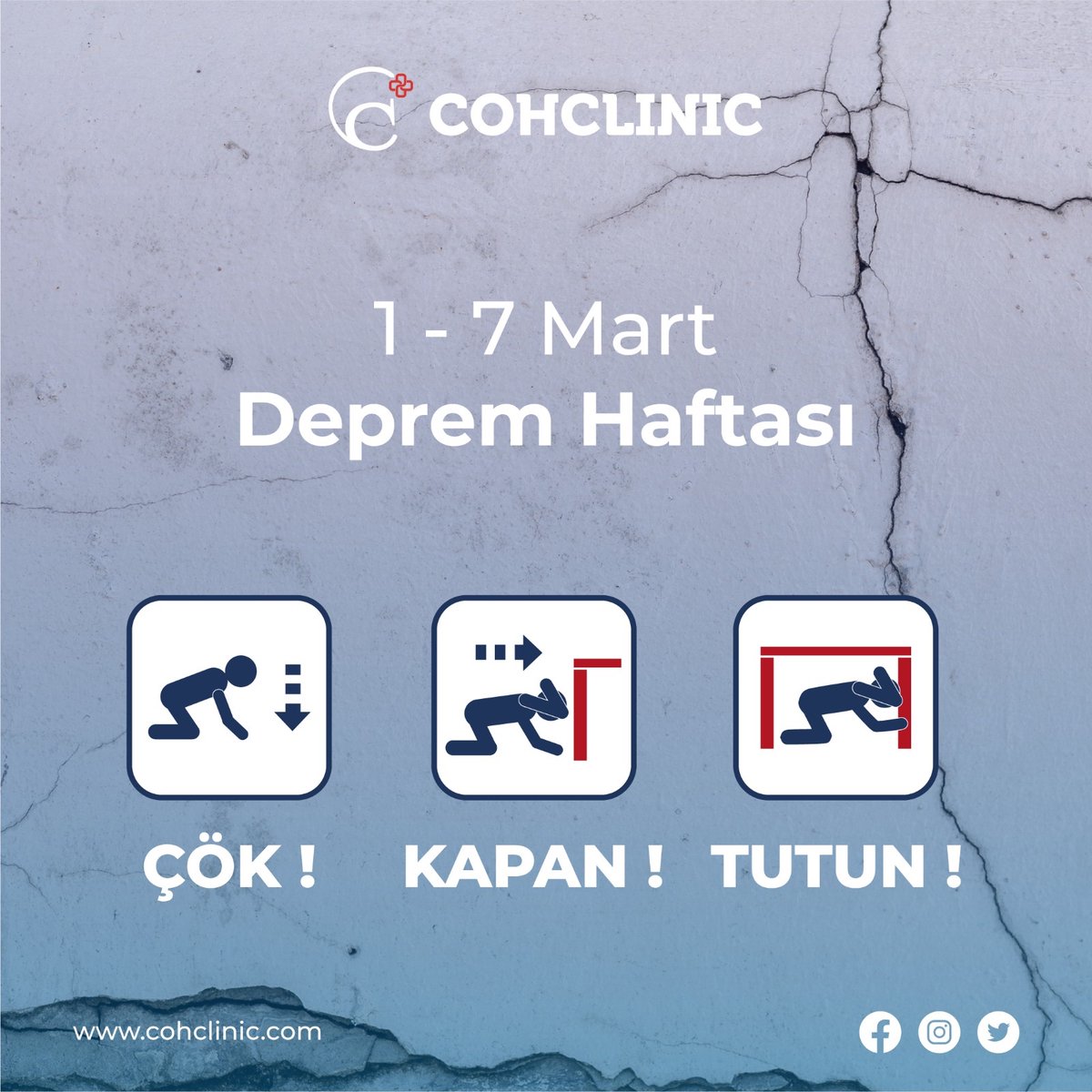 You cannot prevent an earthquake, but you can take action. Action saves lives.
*Depremi engelleyemezsiniz ama tedbiri alabilirsiniz. Tedbir hayat kurtarır.
#cohclinic #clinic #deprem #çök #kapan #tutun #tedbirhayatkurtarır #earthquake #collapse #snatch #hold