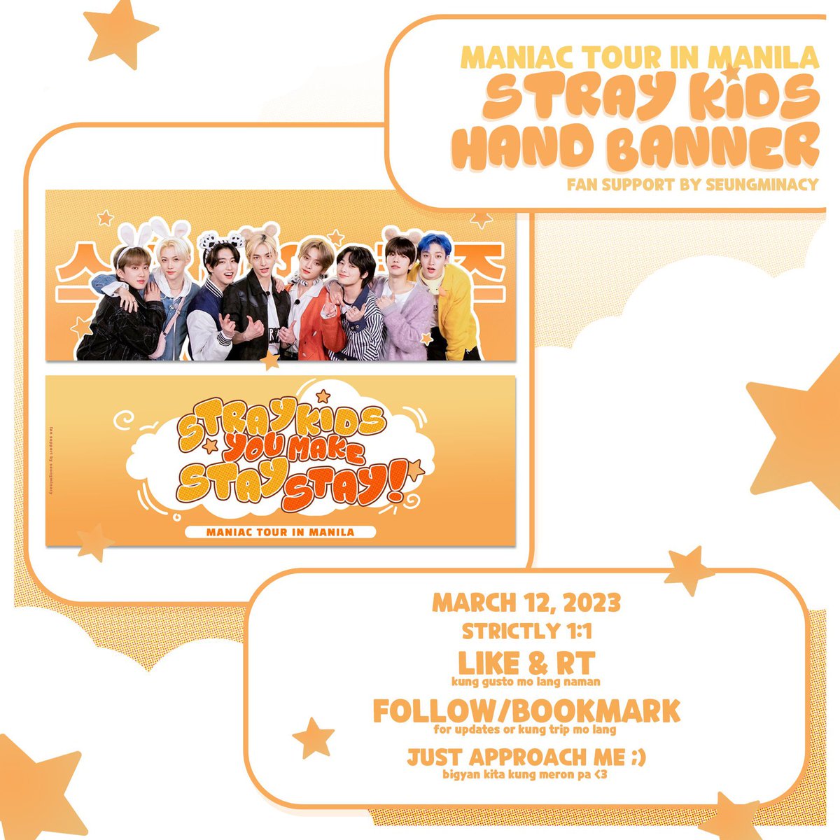 seungminacy's tweet photo. ot8 hand banner for #MANIACinMANILA !!
fan support by seungminacy 

will be giving away vvvv limited hand banners on day 2!!

see you stays 💫 

#SKZinMNL2023 
#SKZinManila2023 https://t.co/vkH7OucHQW