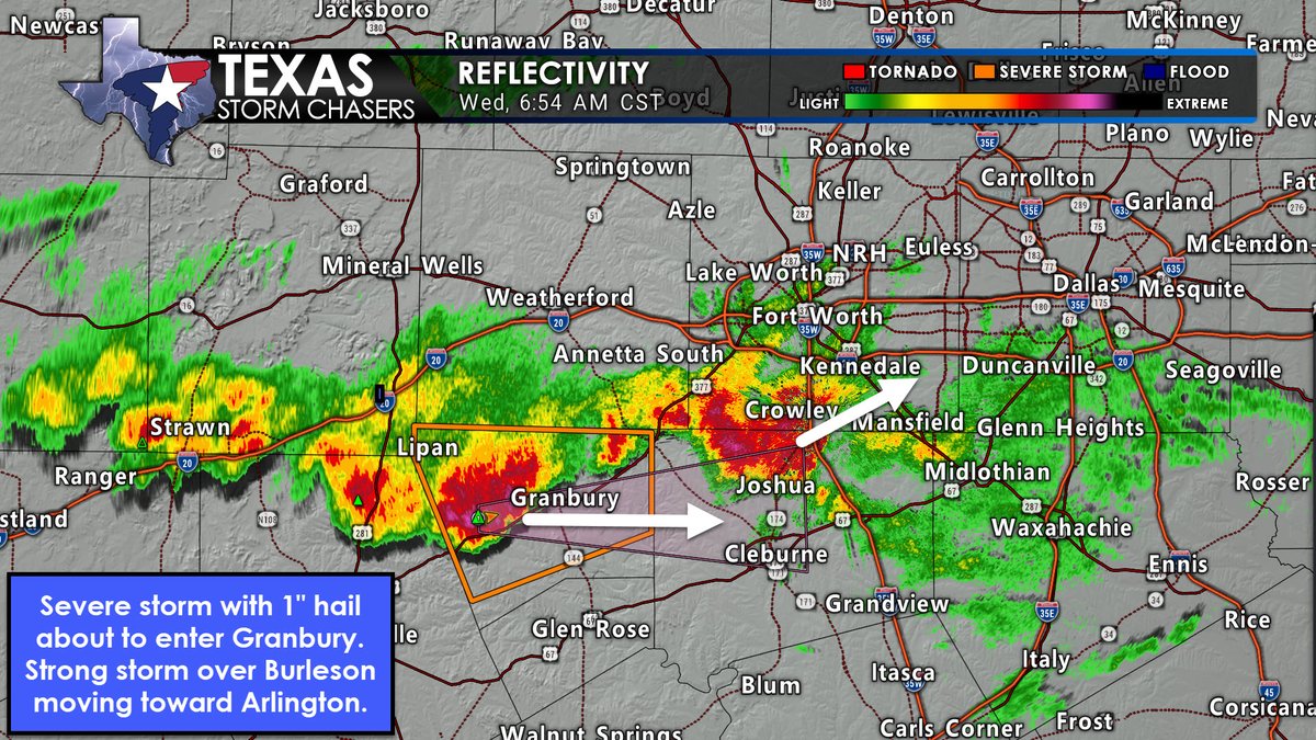 TxStormChasers's tweet photo. 656AM: Severe storm with 1" hail about to enter Granbury. Strong storm over Burleson moving toward Arlington with small hail. 

RADAR: https://t.co/3tQnjif3wK https://t.co/ZRjBh62myY