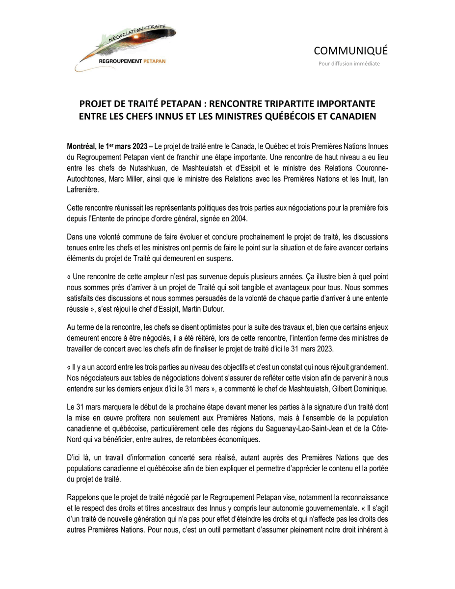 SEIZE03_fil's tweet photo. Communiqué : Projet de traité Petapan - rencontre tripartite importante entre les chefs innus et les ministres québécois et canadien

#polcan #polqc #Innus #premièresnations #autochtones #projetdetraité #traité #rencontre #politique #gouvernements https://t.co/Tn8nWrlrcF