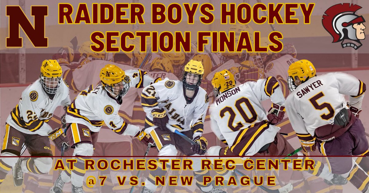 NHSBoysHockey's tweet photo. 🚨Section Finals🚨 Nothing else to be said except BE THERE!!!
@7:00
📍Rochester Rec Center
Theme: Black out
📺 @NorthfieldLive
#trektothex #bethere #PacktheRec
#gameday #raidernation https://t.co/buqgCKBB4j