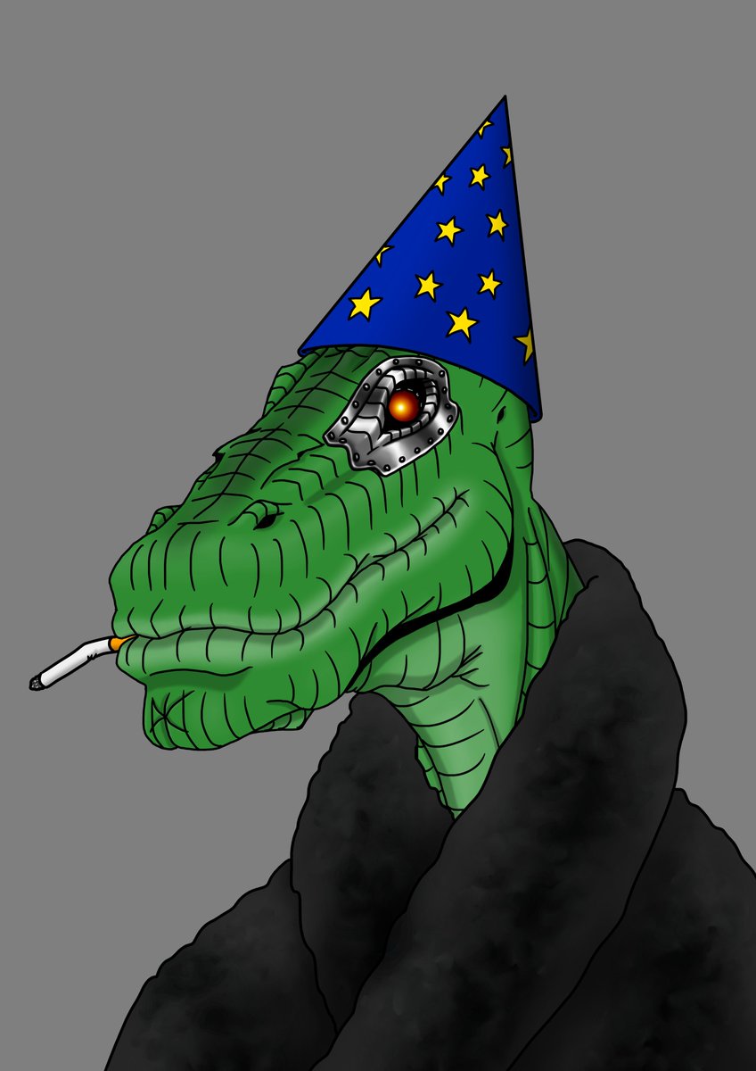 Sneaky_Reptiles's tweet photo. Today's Exhibit: A mysterious Sneaky Reptile with a bionic eye. He is wearing a comfy-looking bathrobe and a cone hat with stars, enjoying a cigarette from the comfort of his home.

#NFT #NFTArt #DigitalArt #NFTCollection #NFTCollectors #NFTdrops #ETH https://t.co/vvsj2VVM0O