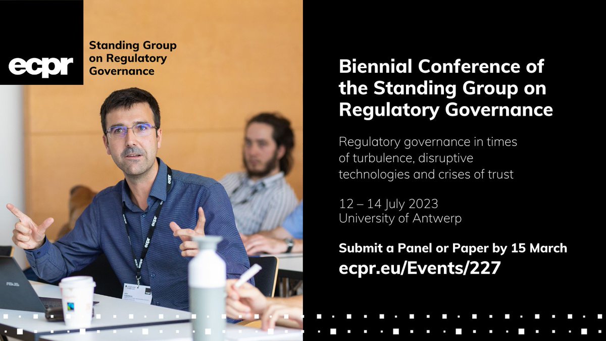 European Consortium for Political Research (@ecpr) on Twitter photo 🙋 Would you like to be part of Europe's leading interdisciplinary gathering on #regulation & regulatory #governance? 👇
✍️ Submit a Panel or Paper to the <a href="/Reg_Gov/">RegGov</a> Biennial Conference 📅 12–14 Jul 2023 📍 Antwerp 🇧🇪
⏳ Deadline 15 Mar ecpr.eu/Events/227 🙋 Would you like to be part of Europe's leading interdisciplinary gathering on #regulation & regulatory #governance? 👇
✍️ Submit a Panel or Paper to the <a href="/Reg_Gov/">RegGov</a> Biennial Conference 📅 12–14 Jul 2023 📍 Antwerp 🇧🇪
⏳ Deadline 15 Mar ecpr.eu/Events/227
