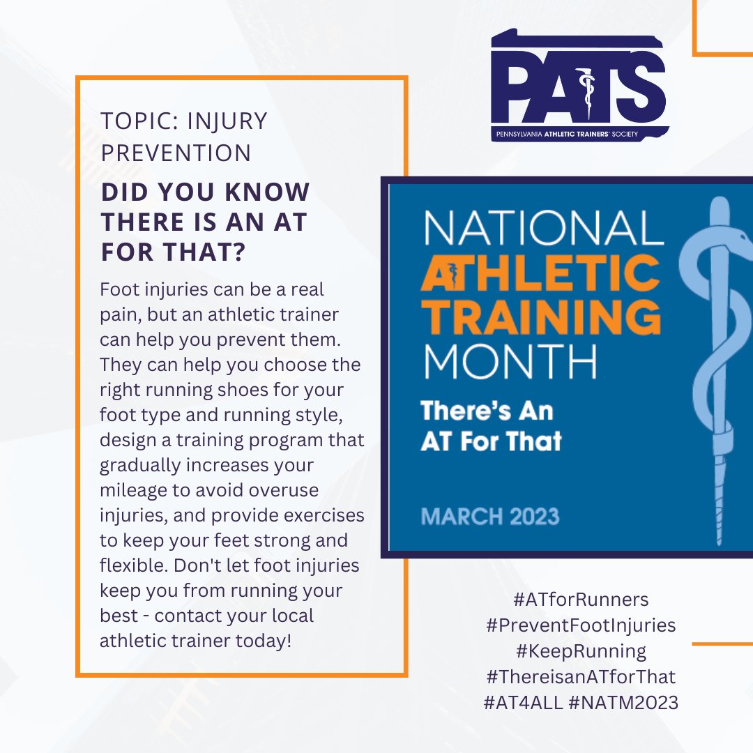 gopatsAT's tweet image. This year the theme "There's an AT for That" will highlight all the great roles athletic trainers fulfill! Make sure you give us a follow and share to catch more great tidbits of "There's An AT for That" @nata1950 @eata1949 @District2NATA
-
#AT4ALL #NATM2023 #AT4That