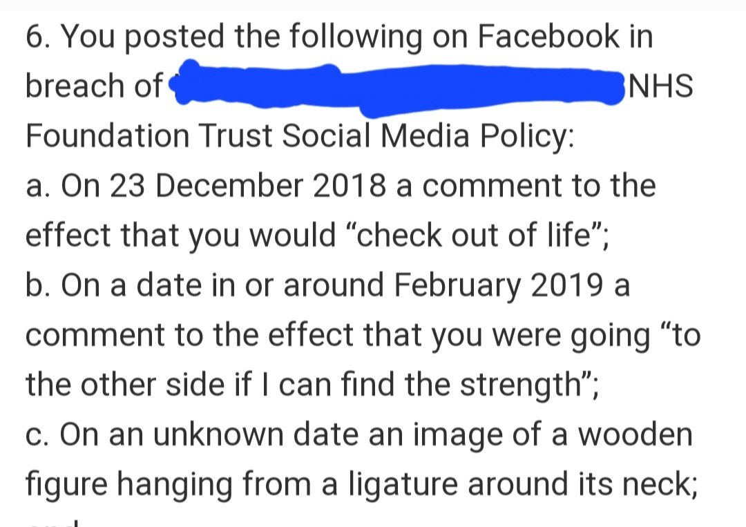 Just when I think I've seen everything... Here we have a healthcare regulator, in January 2023, charging a healthcare professional with breaching their employing NHS Trust's social media policy (amounting to misconduct) by expressing suicidal ideation. Jesus wept.