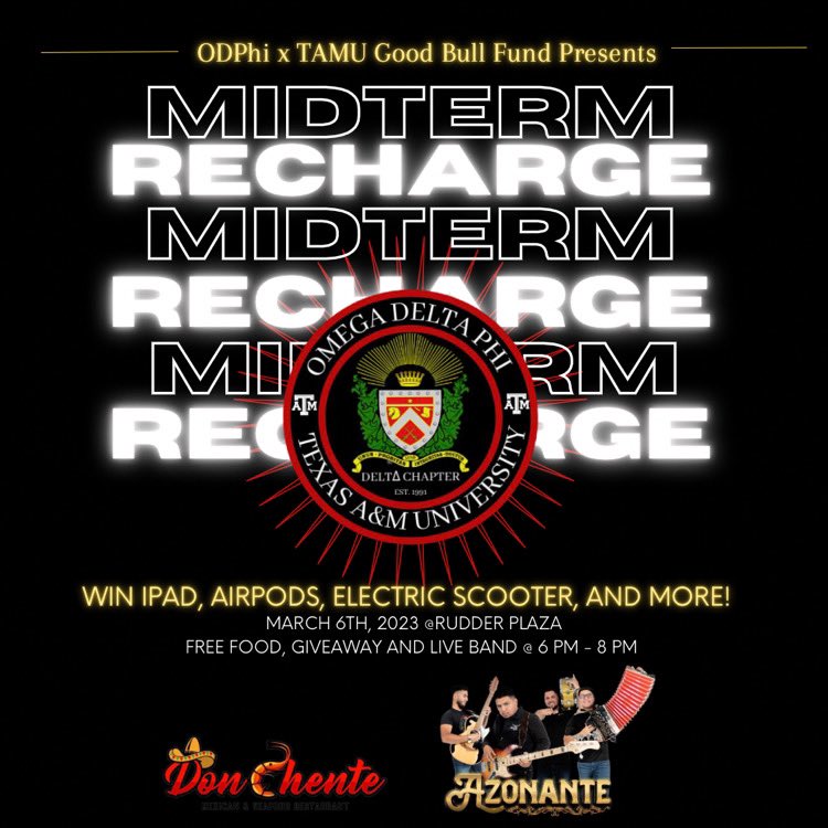 Join the Brothers of Omega Delta Phi  at Rudder Plaza for an opportunity to win one of many prizes for FREE! We want to give back to our community by providing a fun day to recharge from Midterms. Learn about our culture through live music and free food! We will see y’all there!