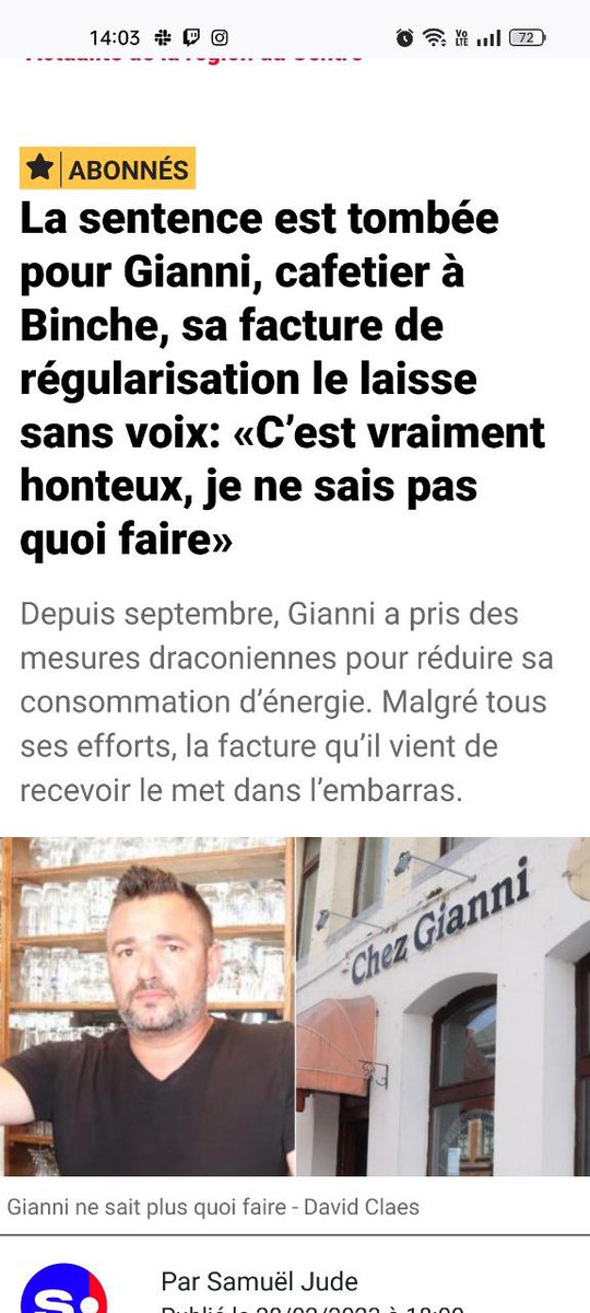 .<a href="/wborsus/">Willy BORSUS</a> que dites-vous à Gianni qui ferme à cause de factures d'énergie impayables? Cette faillite est due à l'insuffisance et au retard des aides de crise. Le MR c'est des milliards pour les actionnaires des multinationales et des faillites pour les PME sudinfo.be/id625678/artic…