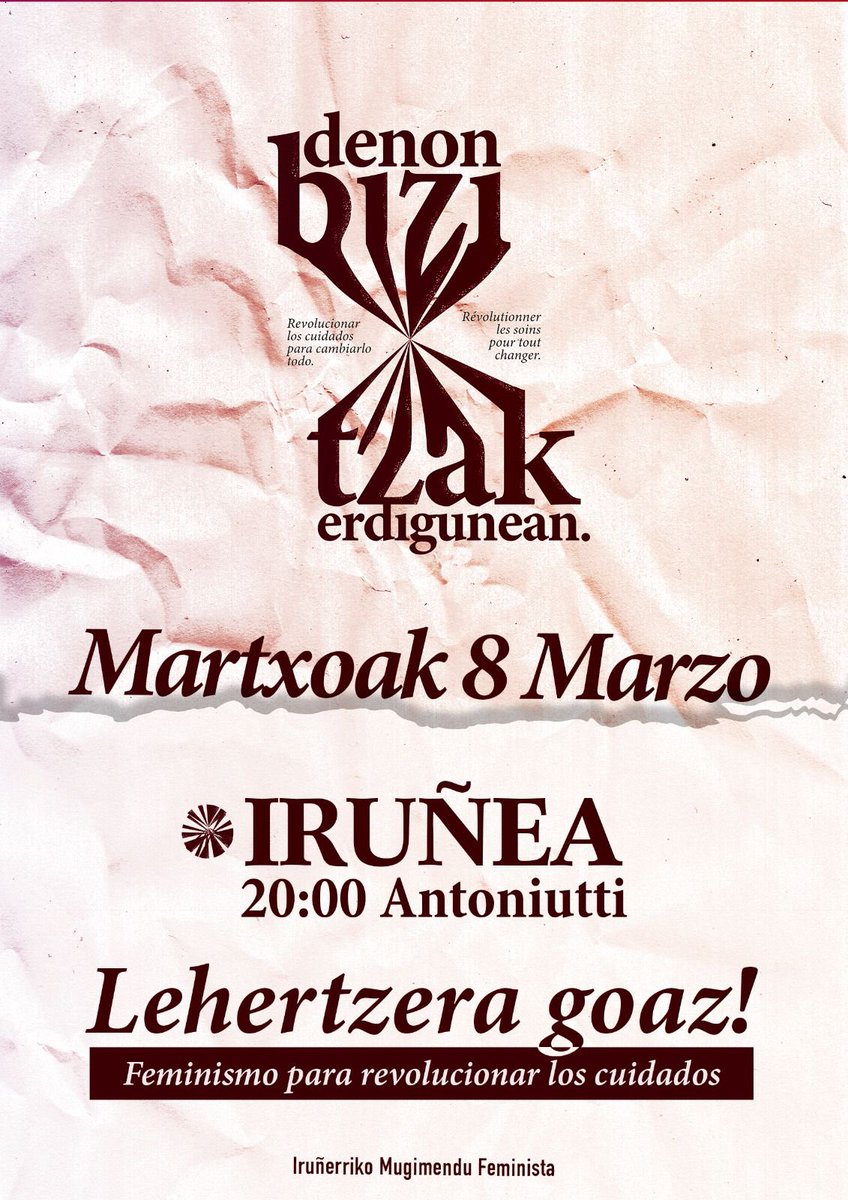 Para acabar con el sistema heteropatriarcal de cuidados, el 8 de marzo tomaremos las calles, ¡porque la organización y la autodefensa feminista son nuestros instrumentos más eficaces!

➡️MANIFESTACIÓN
📆 8 de marzo
⌚ 20:00 
📍 Antoniutti