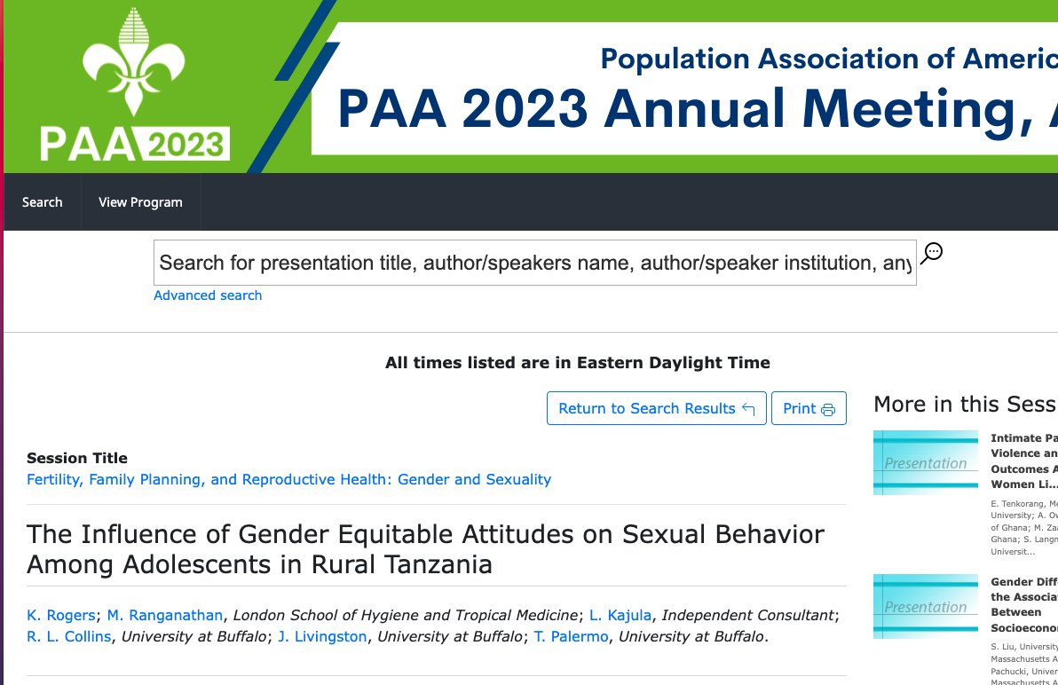 Next up, @2PElab researcher @kate_rogMPH @ubsphhp will be presenting a poster in session P10 on her dissertation Aim 1 examining #Gender Equitable Attitudes on Sexual Behavior Among #Adolescents in Rural Tanzania 🇹🇿 with @sajokm @tiapalermo & others. #PAA2023