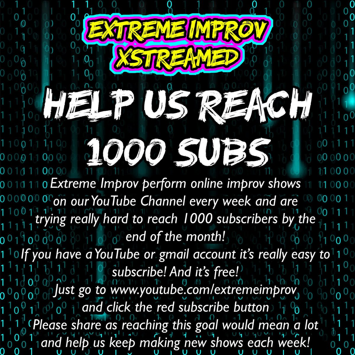 Help Extreme Improv reach our target of 1000 YouTube subscribers by the end of the month! We're so close!!

Head to youtube.com/@extremeimprov… and click the red subscribe button. Its free and will help loads!

Please share and thanks in advance...