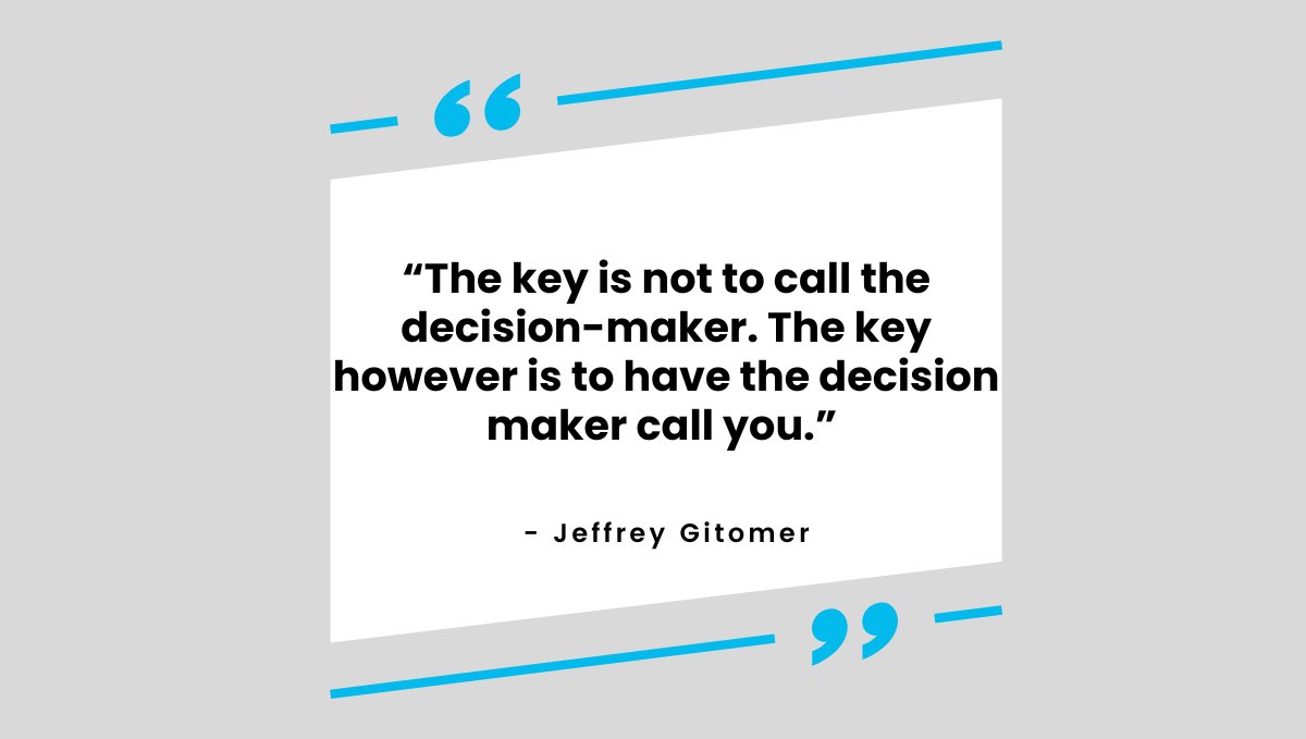 Clodura's tweet photo. The key is not to call the decision-maker. The key however is to have the decision maker call you.
#saleslife #deals #sdr #salesquote #bdr #success #saas #clodura #b2b https://t.co/IyjyxXQ1wu