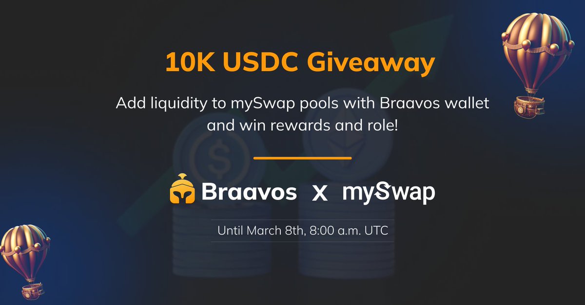 🧵
Dear Braavosians! 🎉

We've combined the best of Braavos wallet and <a href="/mySwapxyz/">mySwap - Starknet AMM</a> AMM to bring you a brand-new #Giveaway campaign 🤑 

The total reward is an impressive 10,000 $USDC, and we want YOU to have a chance to win.
👇