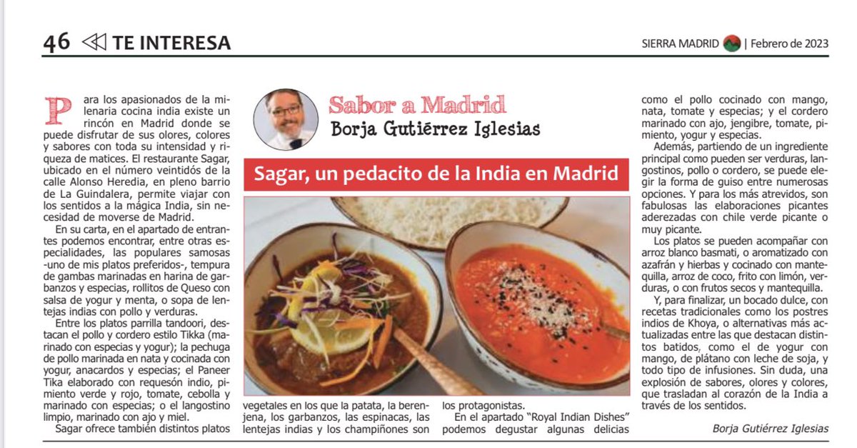 ✍️ Mi artículo de #gastronomía en #PeriódicoSierra. 
<a href="/ComunidadMadrid/">Comunidad de Madrid</a> 

“SAGAR, UN PEDACITO DE LA INDIA EN MADRID”

#RadioMadridSierra
<a href="/Ayto_de_Madrid/">Ayuntamiento Madrid</a>
#Sagar 
<a href="/RestaurantSagar/">Restaurante Sagar</a> 
#Guindalera