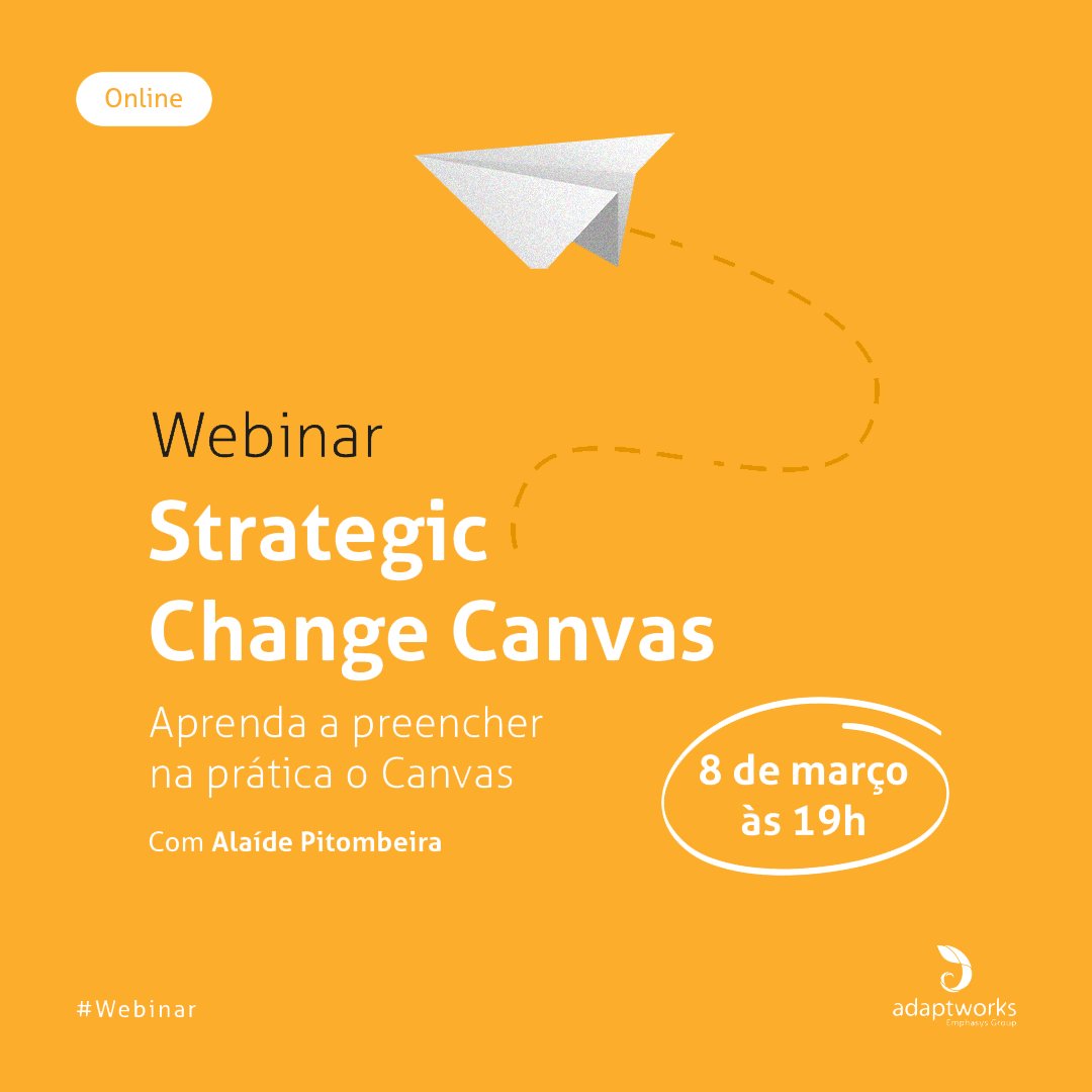 🙋‍♀️ Eu Alaide Pitombeira de Freitas trainer aqui da Adaptworks estarei apresentando um WEBINAR sobre como preencher o STRATEGIC CHANGE CANVAS. 🎯 Uma visão sobre como explorar mudanças em uma organização com exemplos práticos! 

👉 INSCREVA-SE: bit.ly/3mjsOXZ
