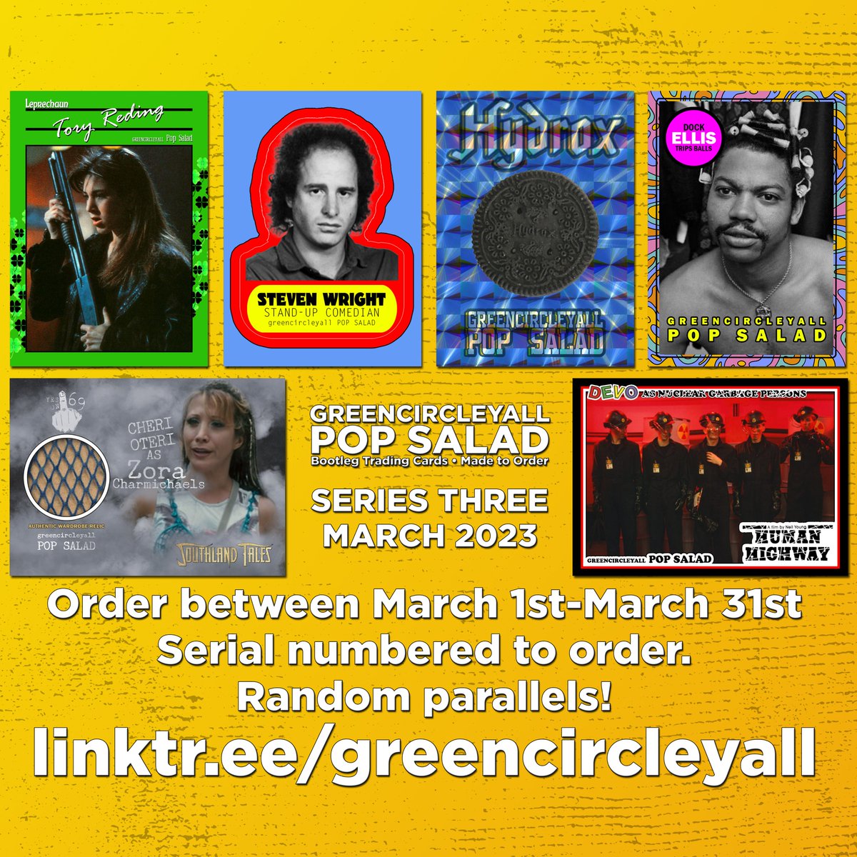 greencircleyall's tweet photo. Greencircleyall Pop Salad series two pre-order is closed, and orders have been placed! Now, it's time to look to SERIES THREE! #bootlegtradingcards made to order! 

#tradingcards #thehobby #customcards #leprechaun #stevenwright #hydrox #oreo #dockellis #southlandtales #devo https://t.co/ISgJRJwbDw