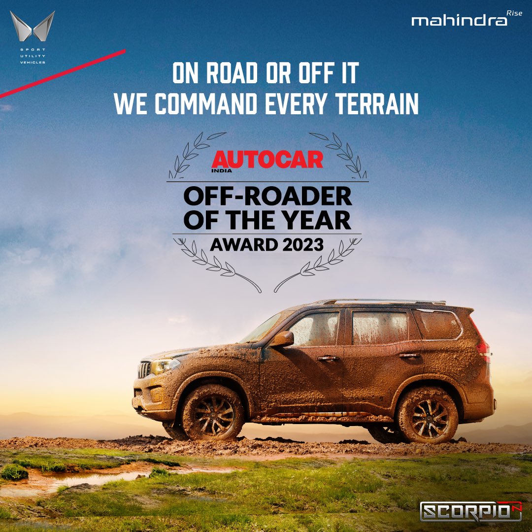 MahindraScorpio's tweet photo. Terrains are Scorpio-N’s favourite playground. Meet the Autocar Off-roader of the Year.
@autocarindiamag 
#AutocarAwards2023 #ScorpioN #Autocarlndia #Mahindra https://t.co/ofcmAcK6Pp