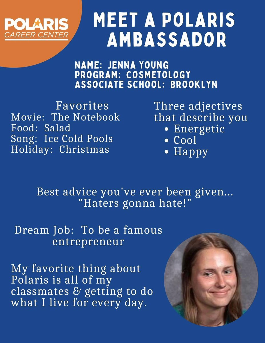 Today we introduce Jenna Young from the Polaris Cosmetology ✂️ program and @HurricanesBHS. She's next in our 'Meet a Polaris Ambassador' series.