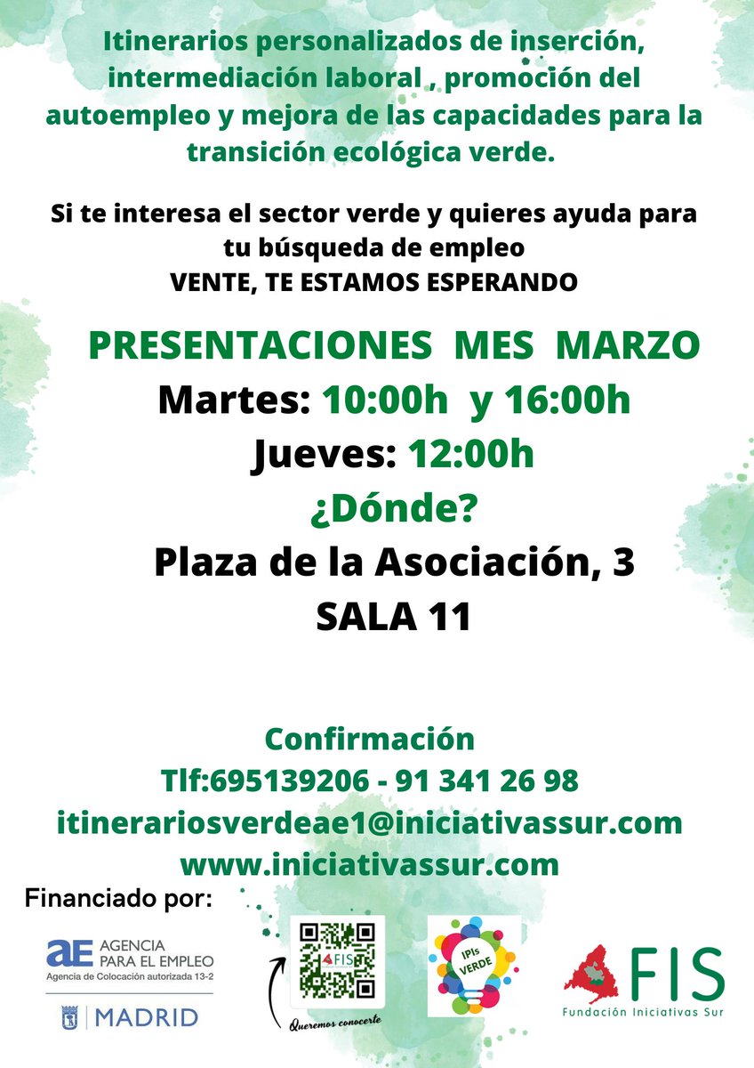 Tenemos el placer de invitaros a las presentaciones grupales de los #itinerarios #personalizados #inserciónlaboral en el #sectorverde en el mes de Marzo.
Nuevas #oportunidades #cursosgratuitos para mejorar #formacion y #empleabilidad
Tenemos muchas ganas de conoceros. #FIS #IPIS