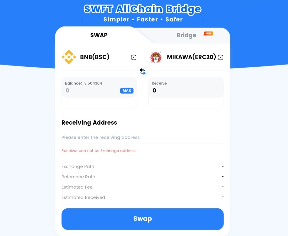 We are thrilled to announce partnership <a href="/Mikawatoken/">MIKAWA</a> &amp; <a href="/SwftCoin/">SWFT Blockchain</a>.

$MIKAWA can be purchase using 400 #cryptocurrencies and 30 Networks using (SWFT Allchainbridge).

Buying $MIKAWA with #BNB   #BTC #Arbitrum #Tron #Brise and other available networks here: allchainbridge.com/#/