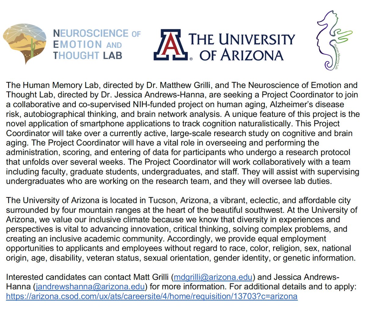 Jessica Andrews-Hanna and I are hiring a project coordinator for a study on aging and Alzheimer's disease risk factors. Brains, blood, smartphones, and neuropsych. Please spread the word. Link to description of position and how to apply: arizona.csod.com/ux/ats/careers…
