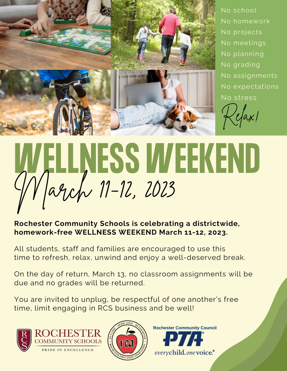 rochcommschools's tweet photo. In a continued partnership with the @RochesterEA and @RochesterPTA, RCS is providing a Wellness Weekend March 11-12. Students and staff are encouraged to enjoy a well-deserved break. On the day of return, March 13, no assignments will be due. #RCSpride https://t.co/Td7ctT94Jj