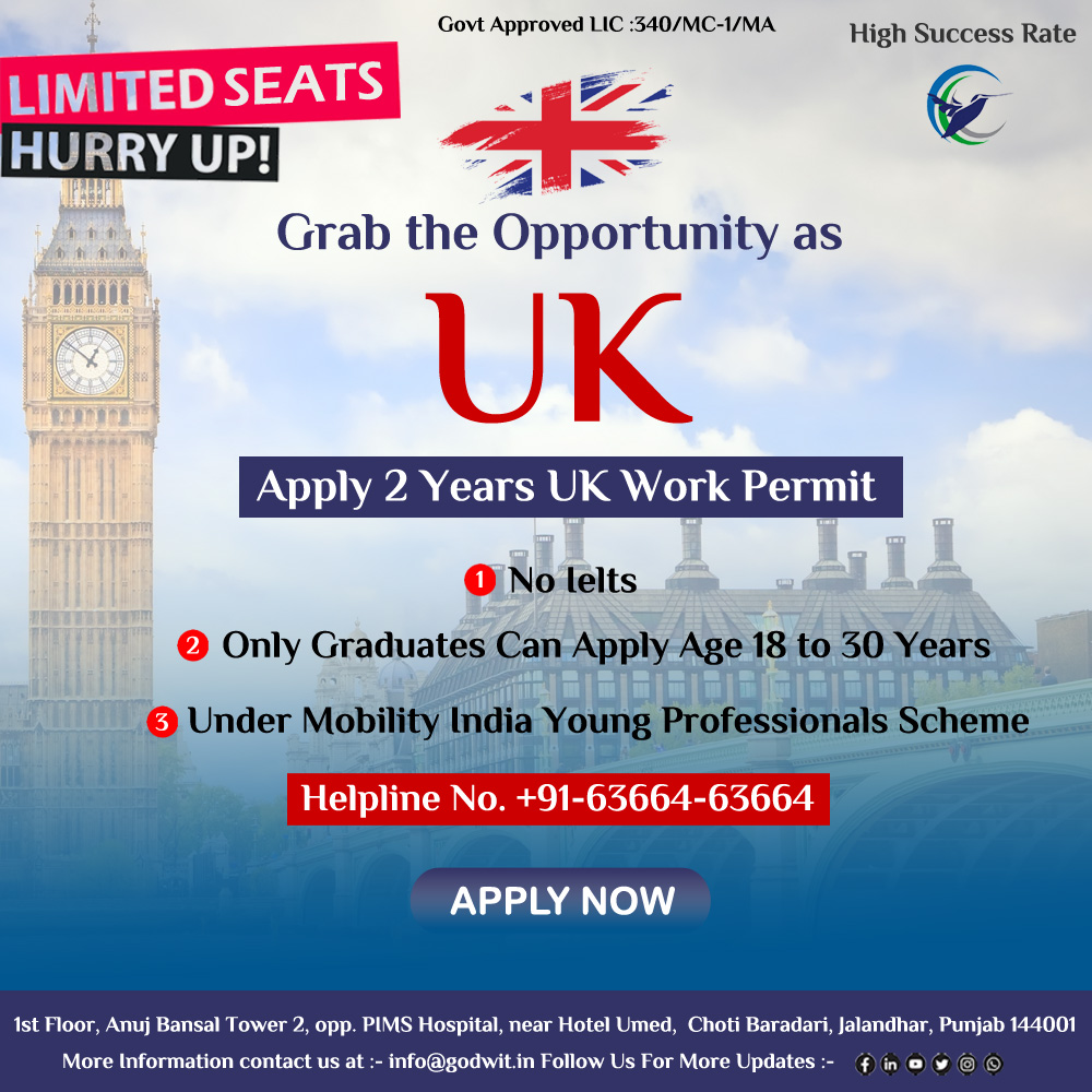UK Work Visa  Is Now Open Under India Young Professionals Scheme.
Limited Seats Only.
Apply Now!
Helpline No. - +91-63664-63664
#godwitoverseaseducation  #immigration #uk #ukworkpermit #ukvisa #ukstudyvisa #ukwithoutielts #studyabroad #visaexperts #success #motivation #viral